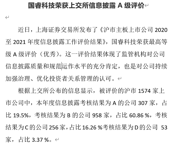 国睿科技荣获上交所信息披露A级评价